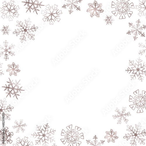 Fototapeta Naklejka Na Ścianę i Meble -  Christmas rose gold snowflakes background banner. Pattern with small gold snowflakes for card or invitation. Winter holidays texture, design for scrapbook, website, textile