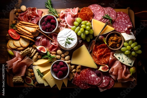 Top view of a trendy charcuterie board with an assortment of different snacks