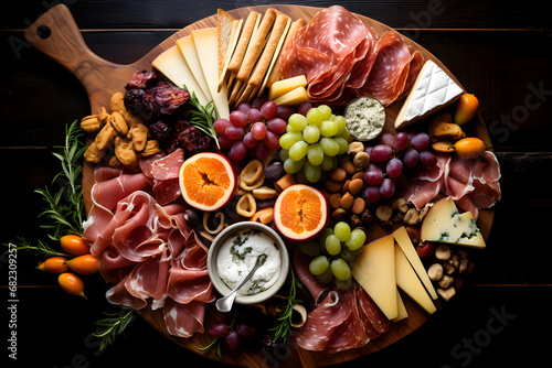 Assorted platter of snacks including variety of cheeses, meats and fruits
