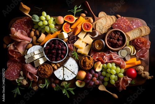 A diverse charcuterie board adorned with an array of gourmet snacks photo