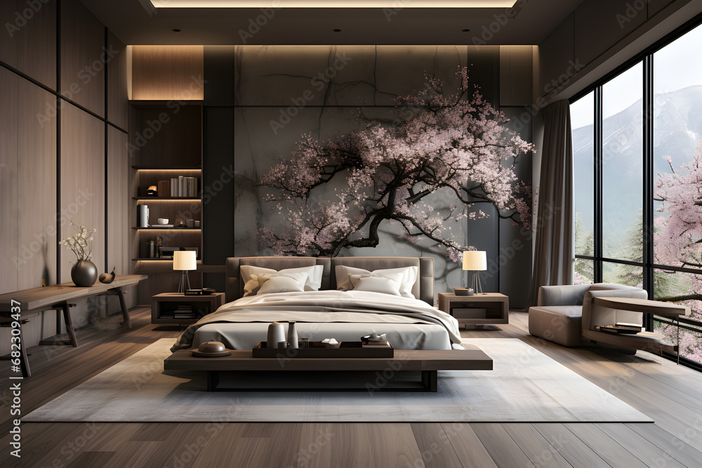 A bedroom in Japanese style, with low bed and big window A bedroom in Japanese style, with low bed and big window