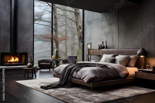 A monochromatic bedroom in grey colors with a fireplace and a cozy view through the big window photo