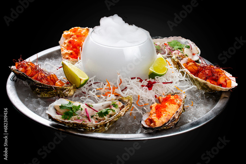 Fotografie Trio Ceviche, marinated seafood dish, scallop, sea bass, tuna