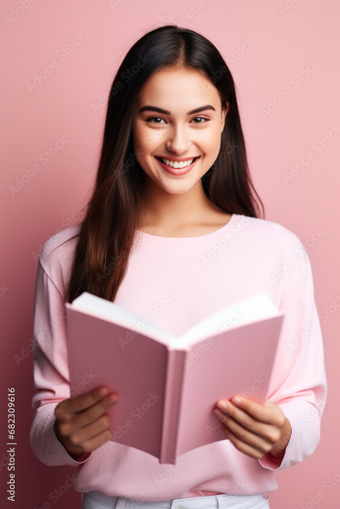 Portrait of gorgeous positive woman toothy smile hold opened book isolated on pink color background Portrait of gorgeous positive woman toothy smile hold opened book isolated on pink color background