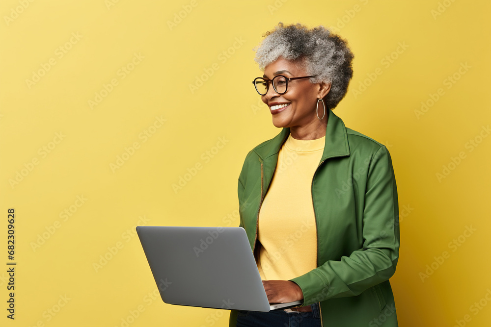 Smiling elderly African American IT woman 50s years old wears jacket white t-shirt hold closed laptop pc computer isolated on plain yellow background studio portrait. People lifestyle concept Smiling elderly African American IT woman 50s years old wears jacket white t-shirt hold closed laptop pc computer isolated on plain yellow background studio portrait. People lifestyle concept