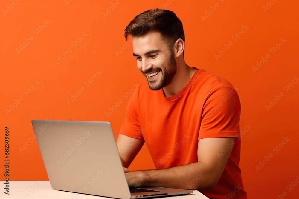 Side view young smiling man wears t-shirt casual clothes hold use work point on laptop pc computer browsing internet isolated on orange red color background studio Side view young smiling man wears t-shirt casual clothes hold use work point on laptop pc computer browsing internet isolated on orange red color background studio