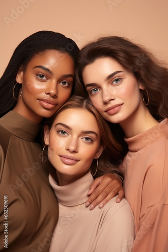 Three cool confident pretty gen z girls looking at camera posing for beauty portrait