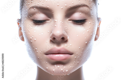 Close-up of woman face with eye eyelashes and eyebrows with water drops.
