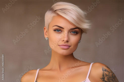 Young Latin pretty smiling model with short blonde hair, beautiful face healthy skin and tattoos looking at camera isolated at beige background. photo