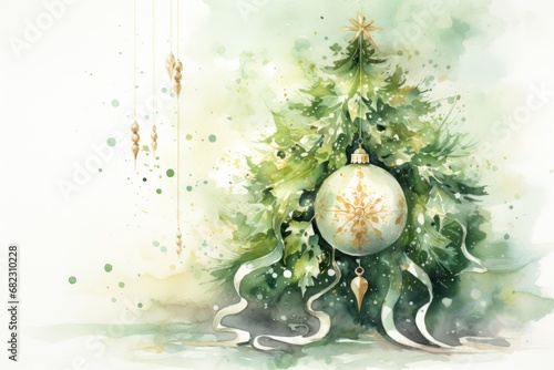  a watercolor painting of a christmas tree with a white ornament hanging from it's top and a gold ornament hanging from it's bottom.