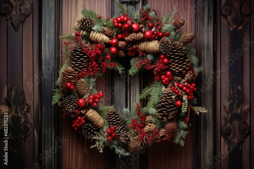 a christmas wreath with pine cones and red berries on a wooden door