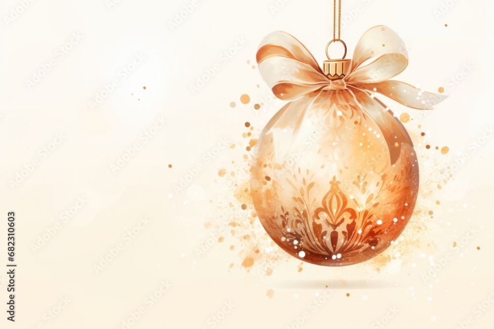 a golden christmas ornament with a bow hanging from it's side, on a string with a white bow on the top of the ornament. a golden christmas ornament with a bow hanging from it's side, on a string with a white bow on the top of the ornament.