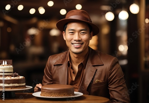 Charming handsome asian men wearing brown lather jacket and hat, cake on tabletop, blurred background  photo