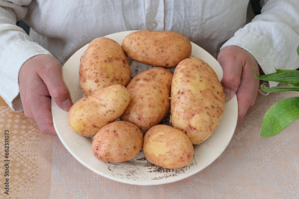 Potatoes in a ceramic dish in hand. Harvesting and organic gardening. Country life. Top view. Potatoes in a ceramic dish in hand. Harvesting and organic gardening. Country life. Top view.