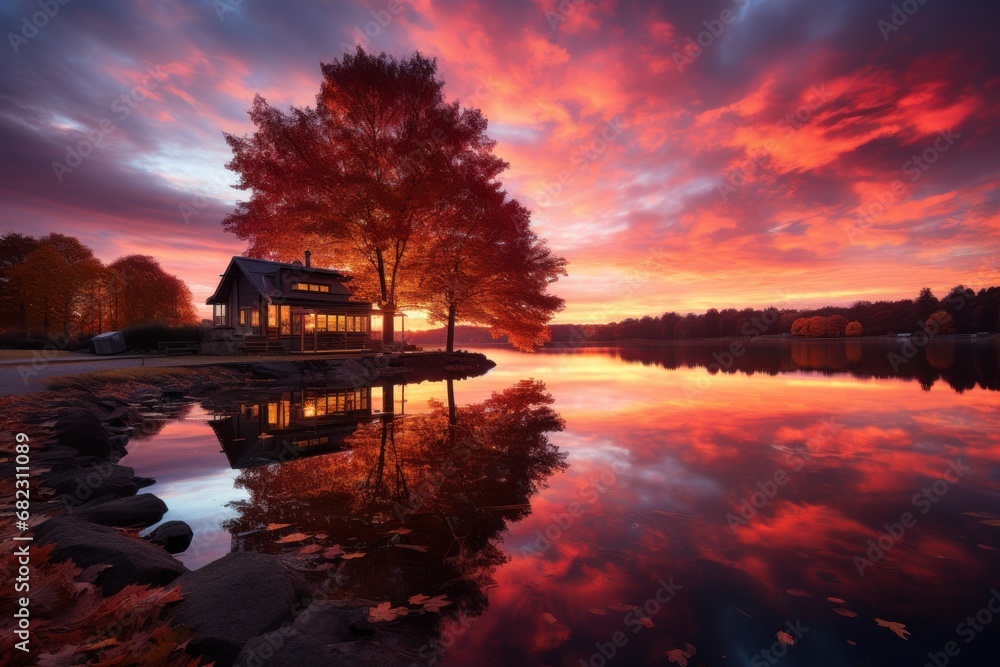  a house sits on the shore of a lake as the sun sets over the trees and the water reflects in the surface of the water and it's surface.
