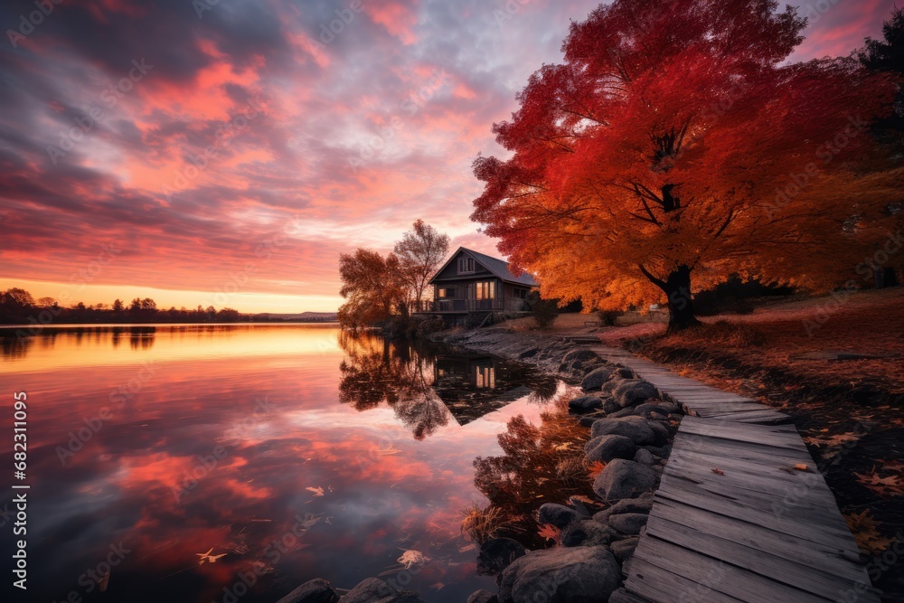 a house sits on the edge of a body of water with a dock in front of it and a tree with red leaves on the other side of the water. a house sits on the edge of a body of water with a dock in front of it and a tree with red leaves on the other side of the water.