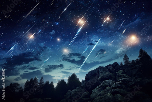 Beautiful Meteor shower in the dark sky at night background, Shiny of shooting star from space, landscape outside of the city, milky way scene. photo