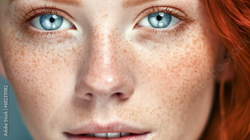 Beautiful face of a young red-haired woman with freckles close-up. Blue expressive eyes, red eyebrows. Fashionable magazine look. Cosmetics advertising.
