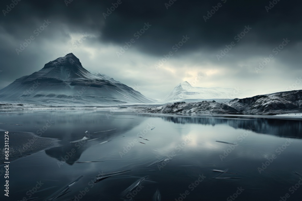  a mountain in the distance with a body of water in the foreground and a body of water in the foreground with a mountain in the distance with dark clouds.