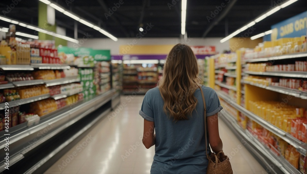 A Stroll through Abundance: A Young Woman Navigates the Supermarket Aisles in Pursuit of Culinary Delights