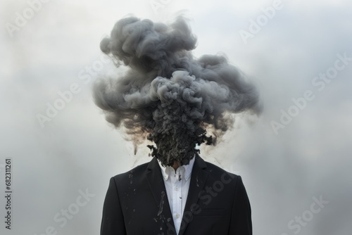  a man in a suit with a lot of black smoke coming out of the top of his head in front of a cloud of smoke coming out of his head. photo