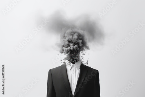  a black and white photo of a man in a suit with a cloud of smoke coming out of the top of his head in front of a white background of a white wall.