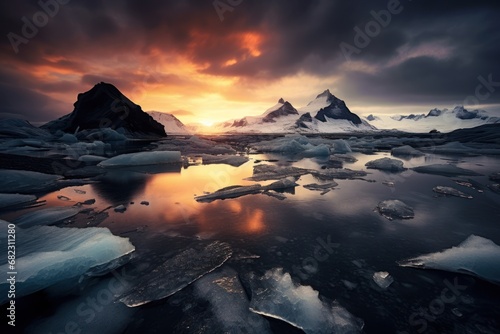  a group of icebergs floating on top of a body of water under a sky filled with clouds and a sun setting on top of snow covered mountains in the distance.