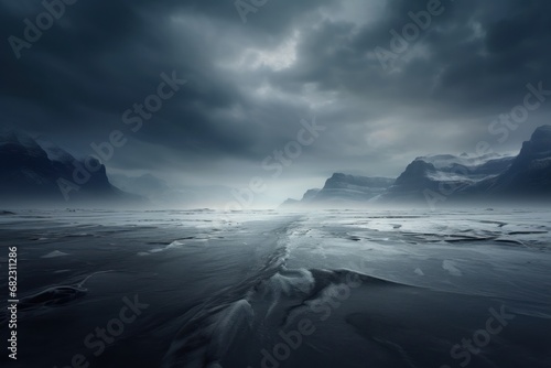  a large body of water surrounded by mountains under a cloudy sky with a line of ice in the foreground and a line of snow covered mountains in the background.