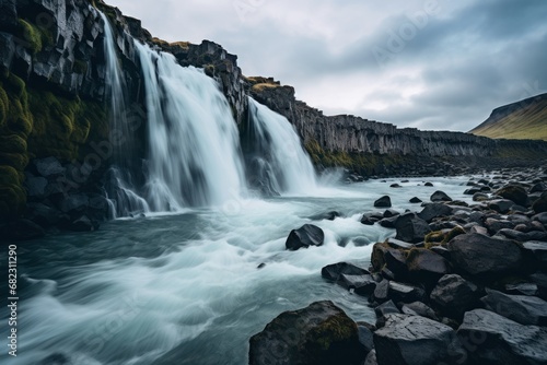  a large waterfall with a bunch of rocks in the foreground and a body of water in the middle of the picture with a cloudy sky in the back ground. © Nadia