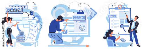 Claim application vector illustration. Reviewing checklist before submission is smart move Business contracts outline financial obligations and expectations The registration form collects your basic