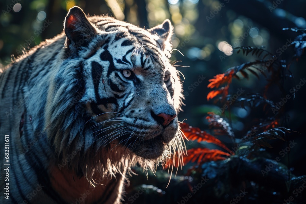 a close up of a white tiger with black stripes on it's face and a blurry background of trees and bushes with red leaves in the foreground. a close up of a white tiger with black stripes on it's face and a blurry background of trees and bushes with red leaves in the foreground.