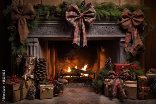 rustic fireplace decorated with pine cones and plaid bows © primopiano