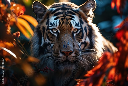  a close up of a tiger s face in a field of plants and trees with bright sunlight shining on the tiger s face and behind it s head.