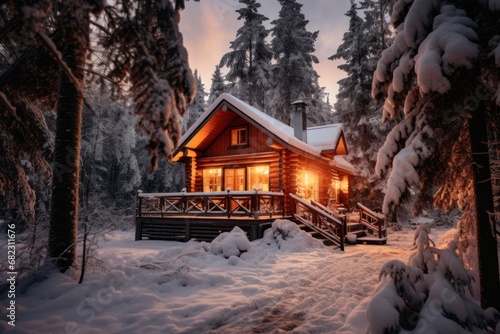  a cabin in the middle of a forest with snow on the ground and trees on either side of the cabin, lit up by a bright light from the window. © Nadia