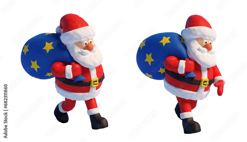 Fototapeta premium Plasticine Santa Claus with a bag walks. Cartoon Santa. 3d isolated illustration.