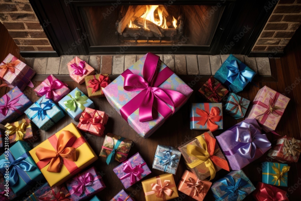 an overhead shot of presents wrapped in colorful paper near a fireplace