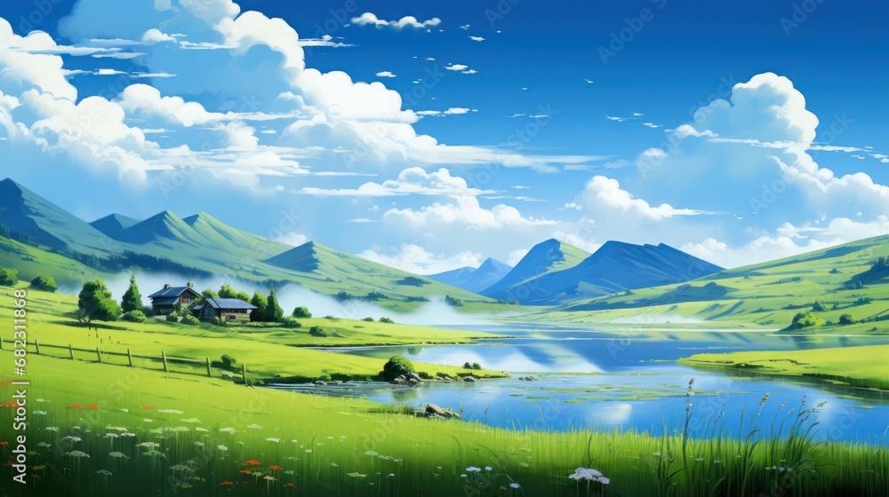 a painting of a green valley with a lake in the foreground and a house on the far side of the valley, with mountains and clouds in the background. a painting of a green valley with a lake in the foreground and a house on the far side of the valley, with mountains and clouds in the background.