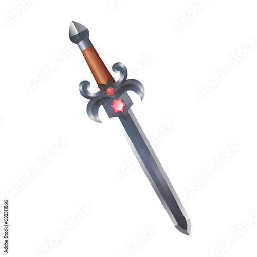 Cartoon sword with a metal hilt with precious stones. Vector illustration.