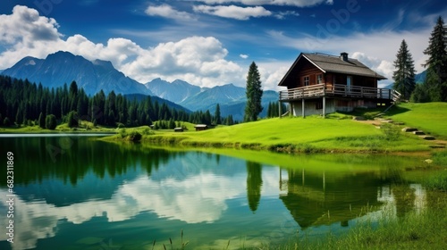  a house sitting on top of a lush green hillside next to a lake in the middle of a lush green field next to a forest filled with lots of trees.