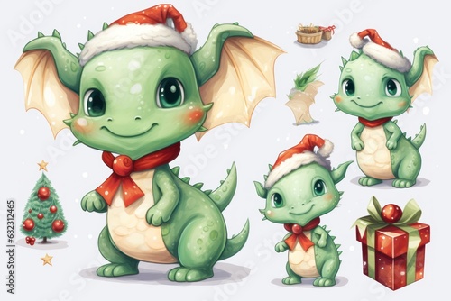  a green dragon with a christmas hat next to a christmas tree and a small green dragon with a red scarf on it's head and a gift box next to it's head.