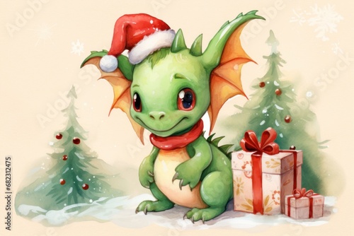  a green dragon wearing a santa hat next to a christmas tree with a gift wrapped in a red ribbon and a gift box with a red ribbon around its neck.