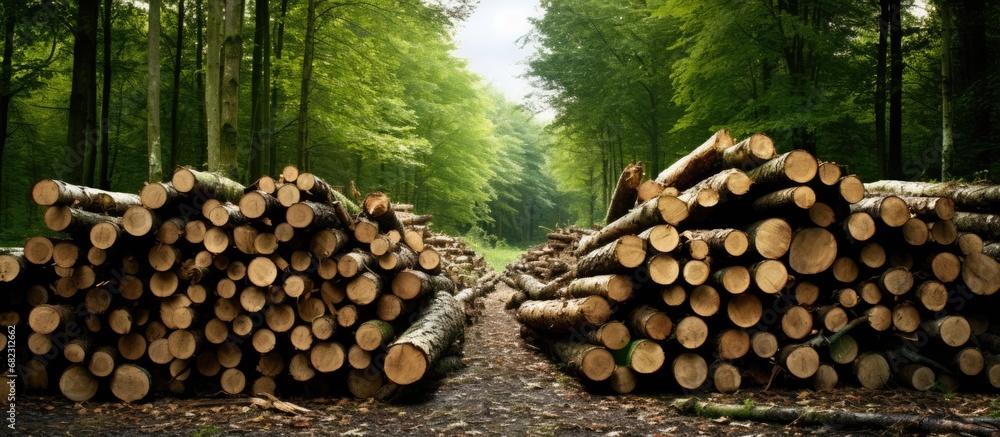 The industry relies on natures renewable energy, as it harvests timber from the meadows hardwood trees, storing firewood made of beech and ash logs for heating, ensuring a solid and sustainable source - obrazy, fototapety, plakaty 