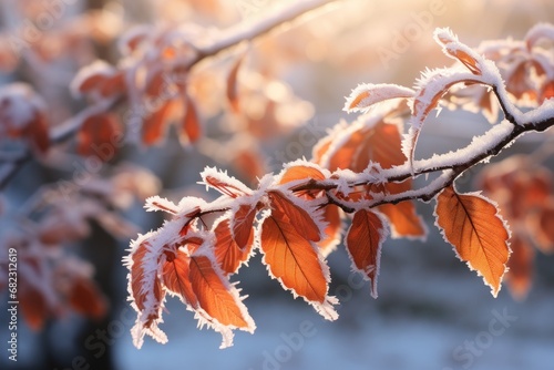  a close up of a branch with leaves covered in ice on a sunny day with the sun shining through the leaves and the snow on the branches withered leaves.