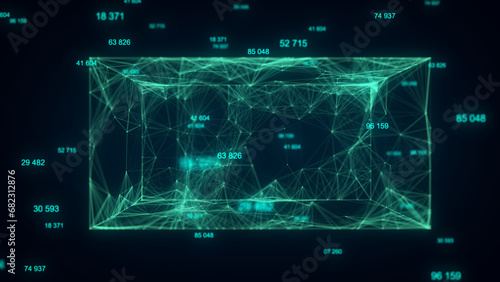 Technology blockchain network connection. Futuristic technology wave. Big data visualization. Cyber security background. Cube through which moving big data. 3D rendering.