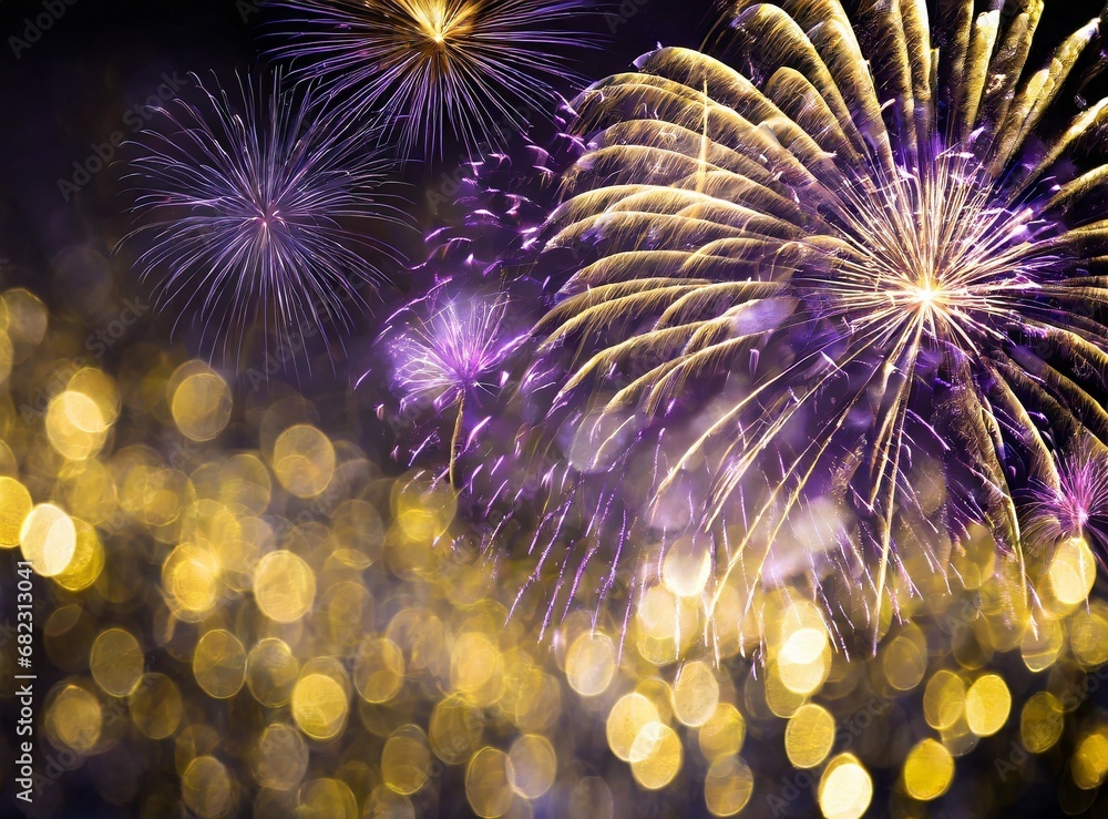 Fototapeta premium Gold and dark violet fireworks and bokeh in New Year eve and copy space. Abstract background holiday