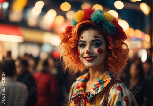 Women wearing clown costume and makeup, blurred crowd of people watching on the background