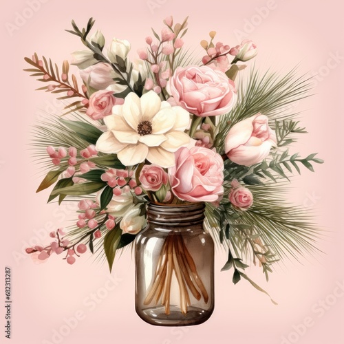  a painting of a mason jar filled with pink and white flowers and greenery, on a pink background, with a pink background that has a pink and white border.