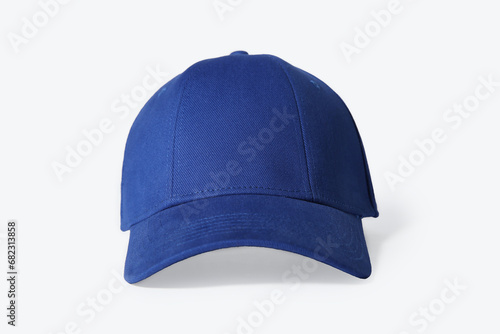 Stylish blue baseball cap on white background