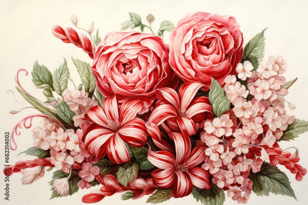 a painting of a bouquet of flowers with pink and white flowers and green leaves on a white background with pink and white flowers and green leaves on a white background. a painting of a bouquet of flowers with pink and white flowers and green leaves on a white background with pink and white flowers and green leaves on a white background.