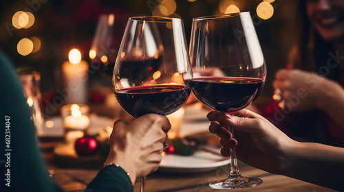 Friends Toasting with Red Wine Glasses in a Festive Christmas Dinner, Joyful Holiday Gathering